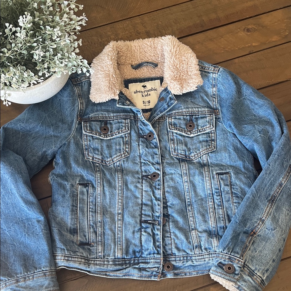 abercrombie kids Light Blue Denim Jacket with Cream Sherpa Collar